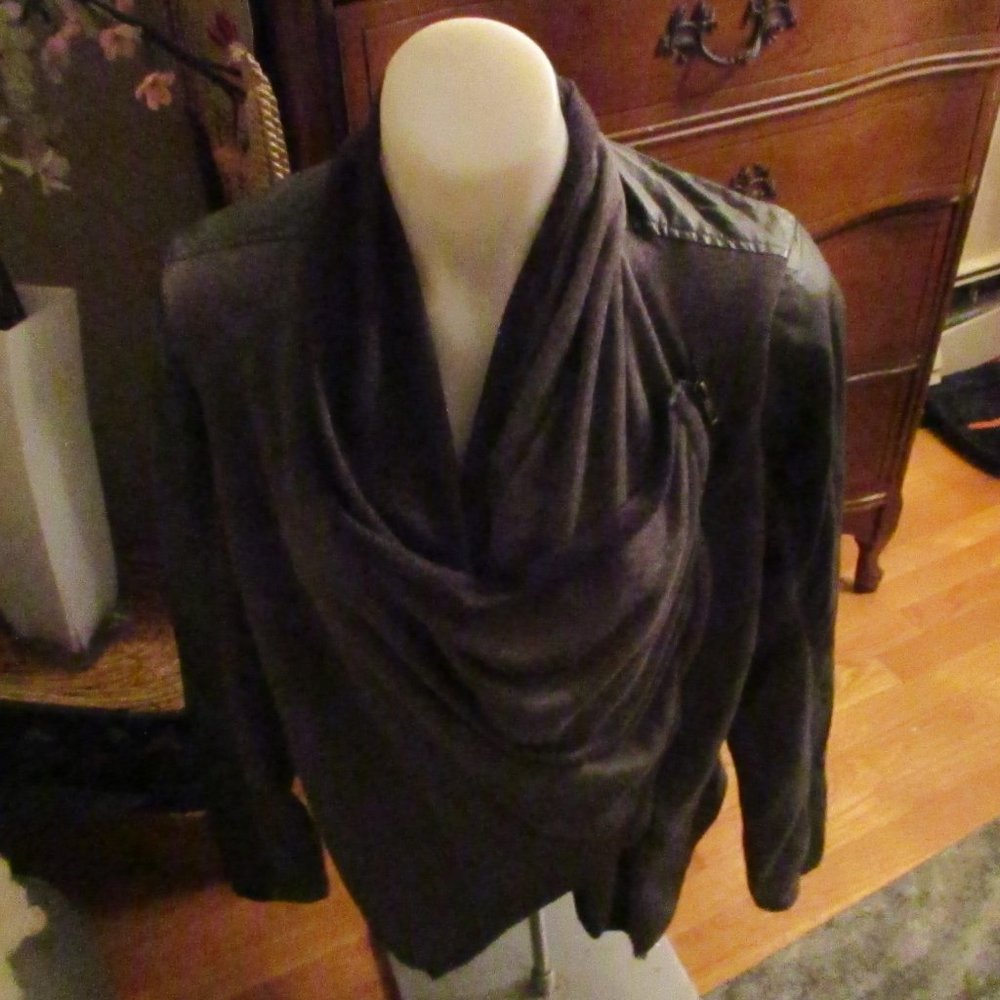 Blank NYC gray cowl neck zip front with faux leather back large